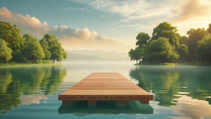 Serene wooden dock on tranquil lake surrounded by lush green trees and misty mountains at sunrise.