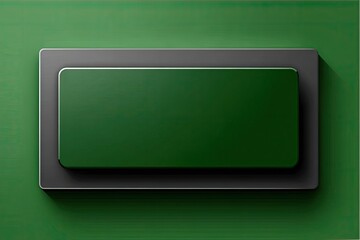 Dark gray rectangular button with a vibrant green surface, set against a textured green background