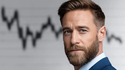 Confident Businessman Against Financial Chart: A striking portrait of a confident businessman, exuding authority, positioned against a backdrop of a dynamic financial chart.