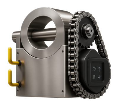 Chain-driven duct bending machine with a reinforced drive system for handling large diameter ducts in an industrial setting.