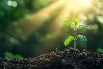 Sprout Growing in Soil with Sunlight Shining on Leaves