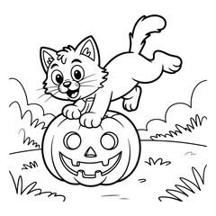 Cartoon cat jumping on a halloween pumpkin line art image Colouring Page