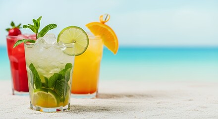 Obraz premium Refreshing Colorful Fruit Cocktails on Beach Sand with Ocean Background