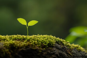 Tiny sprout growing on mossy log closeup