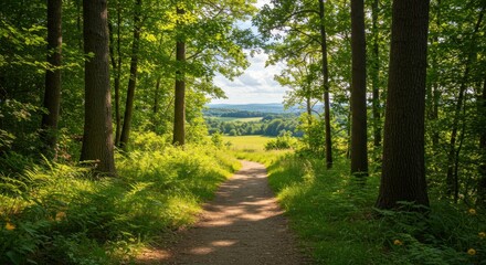 Obraz premium A sunny forest path winds toward a distant open field. Trees line the trail, their leaves filtering sunlight. A bright horizon peeks through