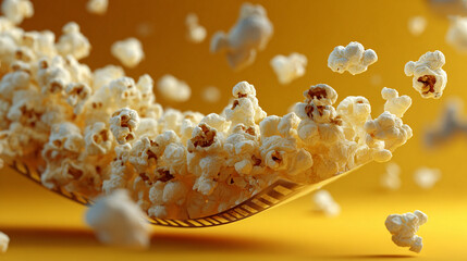 popcorn floating in mid-air, dynamic realistic film strip in the composition