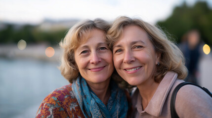 Fototapeta premium Lifelong Friends Enjoying Joyful Moments by the Lake