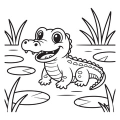 Cartoon alligator in swamp coloring page line art style