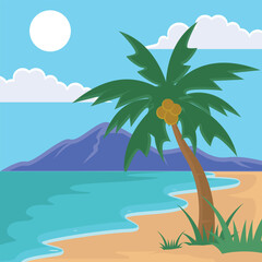 Fototapeta premium beach or island landscaped vector illustration template graphic design . sea and nature palm tree sunset view sign or symbol for adventure and wanderlust travel business