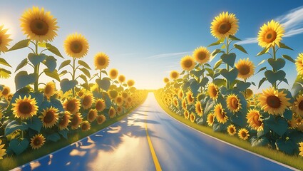 Vibrant sunflower field lines a sunny road toward a bright horizon, evoking summer freedom and adventure.