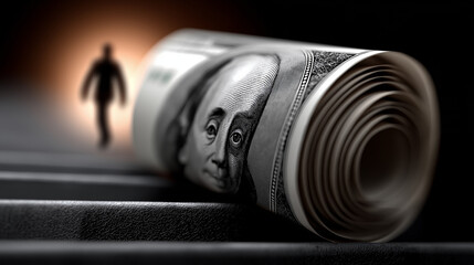 Wealthy Pursuit: Silhouette of a person walking towards a roll of hundred dollar bills, symbolizing financial aspiration and economic concepts.