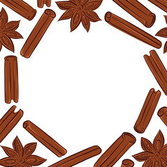 Flat style cinnamon sticks and star anise frame isolated on white background. Colorful spice illustration for recipes book, food packaging and autumn seasonal decorative culinary themed projects.