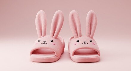 Two plush pink bunny slippers with upright ears and smiling faces, sit side by side against a gradient pink backdrop