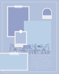 Simple stylish soft blue themed photo frame memo pad scrapbooking pastel mood board