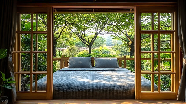 A bed with gray linens is situated in a room with large wooden doors opening to a garden view.