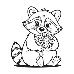 Raccoon holding a flower in black and white illustration coloring page 