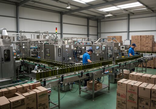 Olive Oil Bottling Line Industrial Automated Production Process, Workers, Factory Interior, Conveyor Belt, Bottles, Boxes.