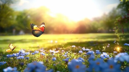 Butterflies and Blue Wildflowers Spring Pastoral Illustration, Sunlight Nature Ecology, Beautiful Decorative Wallpaper, Card, Educational Design