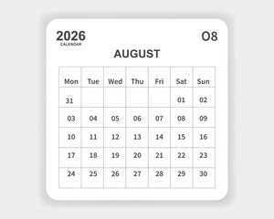 Calendar 2026 August one page corporate unique business design template