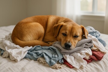 Cozy dog resting on a pile of freshly laundered clothes in a bright bedroom during the daytime