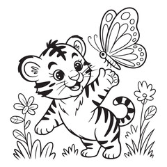 Cartoon tiger cub playing with a butterfly in a flower field coloring page 