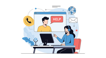 Customer support representatives assisting clients with online help and communication services