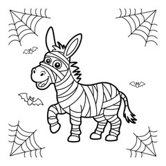 Cartoon mummy zebra with bats and spider webs illustration coloring page