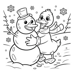 Cartoon duck hugging a snowman in a winter landscape scene coloring page 
