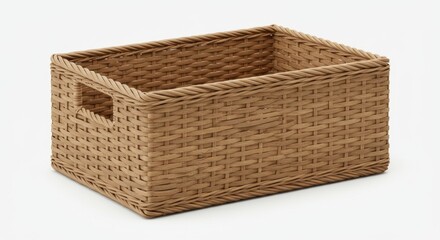 A rectangular basket with woven design and handle cutouts, crafted from a light brown material, sits against a white background