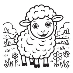 Outlined sheep in a field with flowers and bushes drawing coloring page 