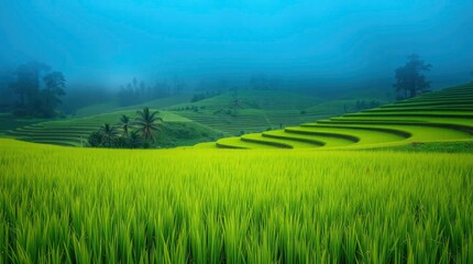 Fototapeta premium Lush verdant terraced rice paddies cascade down misty slopes under a hazy blue sky