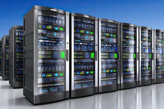 Rows of server racks in a data center.  Modern, technological