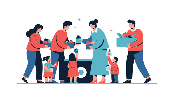 Volunteers working together to help community members with food and supplies during a charitable event