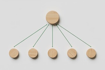 Simple wooden circles connected by thin gray lines forming a hierarchical structure on a light gray background