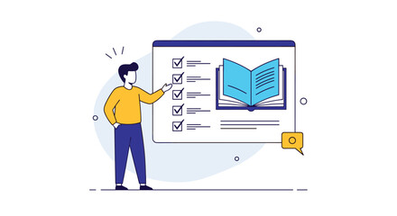 Person presenting a checklist and open book on a digital screen for educational purposes