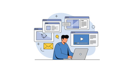 Man working on laptop surrounded by digital windows showing graphs data and video player interface