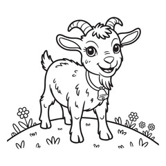 Cartoon goat standing on a grassy hill coloring page style