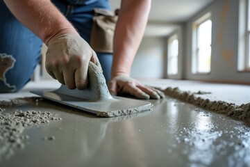 Construction Worker Leveling Concrete with Float Trowel
