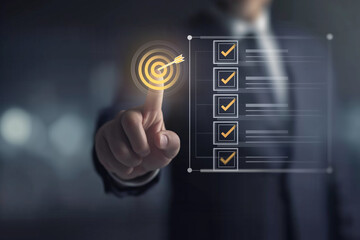 Strategic goal setting and business planning concept with a businessman pointing at a target icon and checklist. Ideal for success, productivity, project execution and leadership content. 