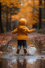 Child joyfully runs through puddle in woods.