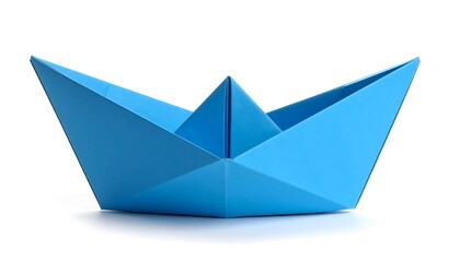 Blue paper origami boat on white