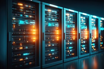 Rows of server cabinets illuminated by glowing components.  Dark, futuristic server room