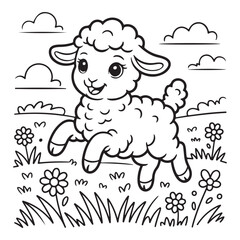 Cartoon lamb jumping in a field of flowers outline drawing coloring page 