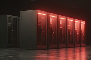 Dark server room lit by red neon. Rows of dark gray server cabinets line a concrete floor