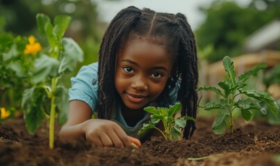 Young African American schoolgirl gardening, planting vegetables and flowers, promoting sustainable living, climate change awareness, and environmental education the next generation, Generative AI