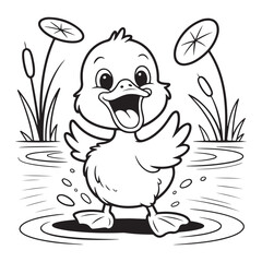 Cartoon duckling splashing in water with plants around it  Colouring Page
