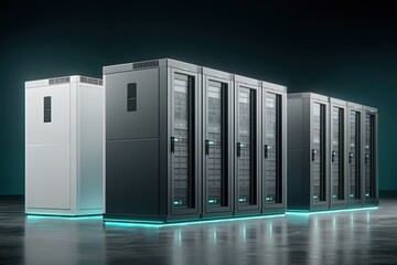 Rows of server racks illuminated by teal light