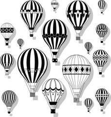 Black and white hot air balloons, artistic design, floating sky pattern, whimsical illustration, creative background, graphic decor, surreal concept