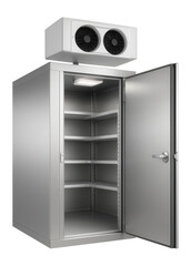 Walk-in cooler with modular shelving and a ceiling-mounted evaporator for a catering service.