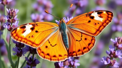 Obraz premium Orange butterfly with black and white markings on a lavender flower wings spread